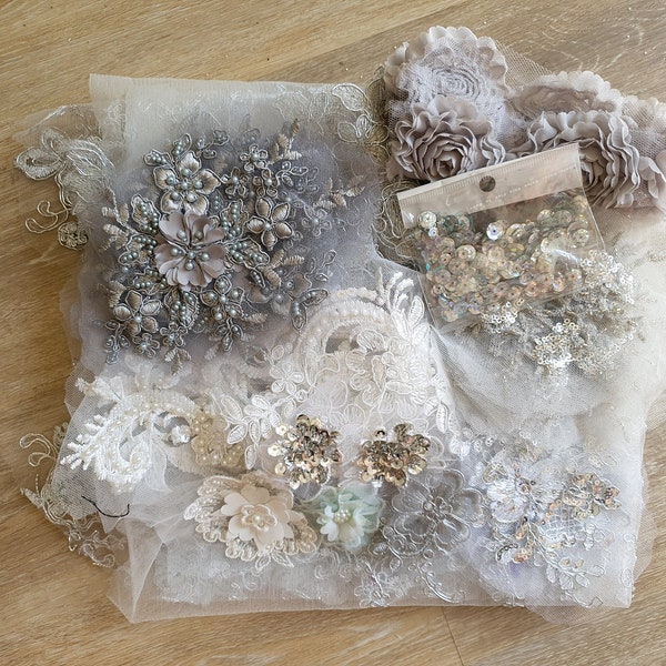 Beaded lace appliques, sequined lace,Vintage lace, Lace embellishment pack, Bridal Lace, Lace trim collection,  Floral Applique, Dance trims