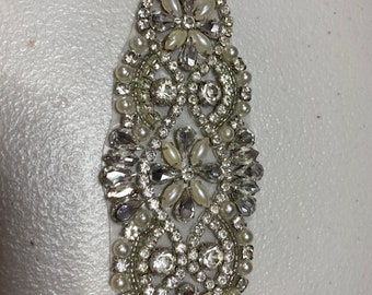 Rhinestone Diamonte and pearl bridal belt applique, dance motif, sewing motif for ballroom, evening wear formal etc