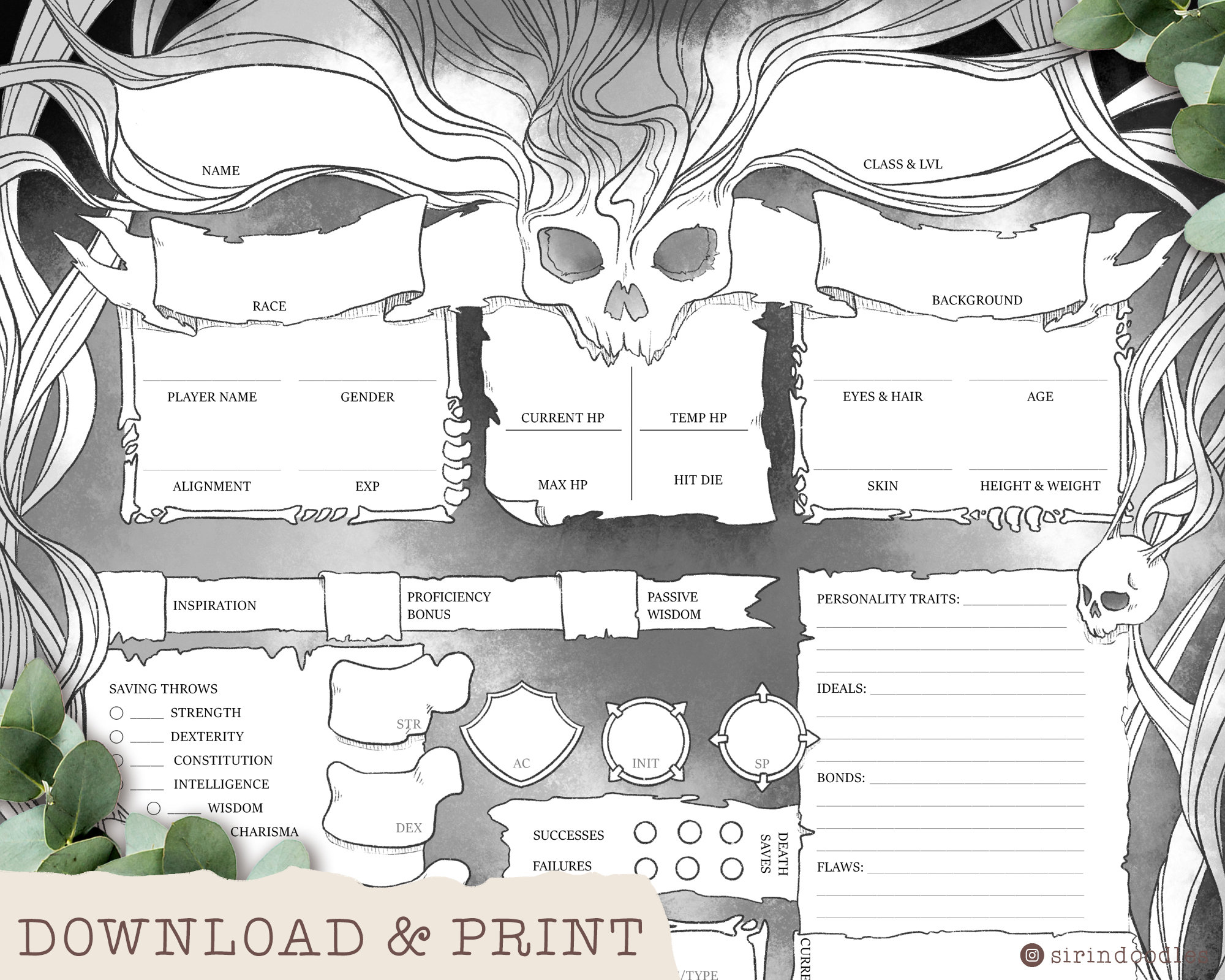 D D Character Sheet Dark Magic Custom Character Sheets Etsy