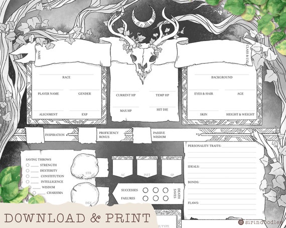 D D Character Sheet Nature Magic Custom Character Sheets Etsy