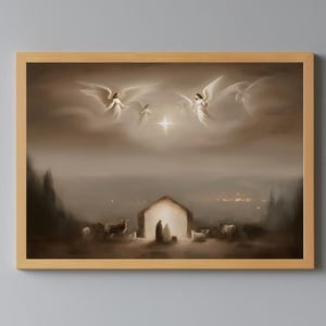Cuadro de Jesús, Nacimiento rústico con marco para TV 4K, Pesebre navideño con ángel, descarga digital, arte mural navideño