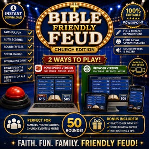 May include: A digital game titled Bible Friendly Feud Church Edition featuring a gold-rimmed marquee, a red buzzer, and game interface displays on a laptop, tablet, and smartphone. The graphics include text for 50 rounds, scoring, and sound effects.