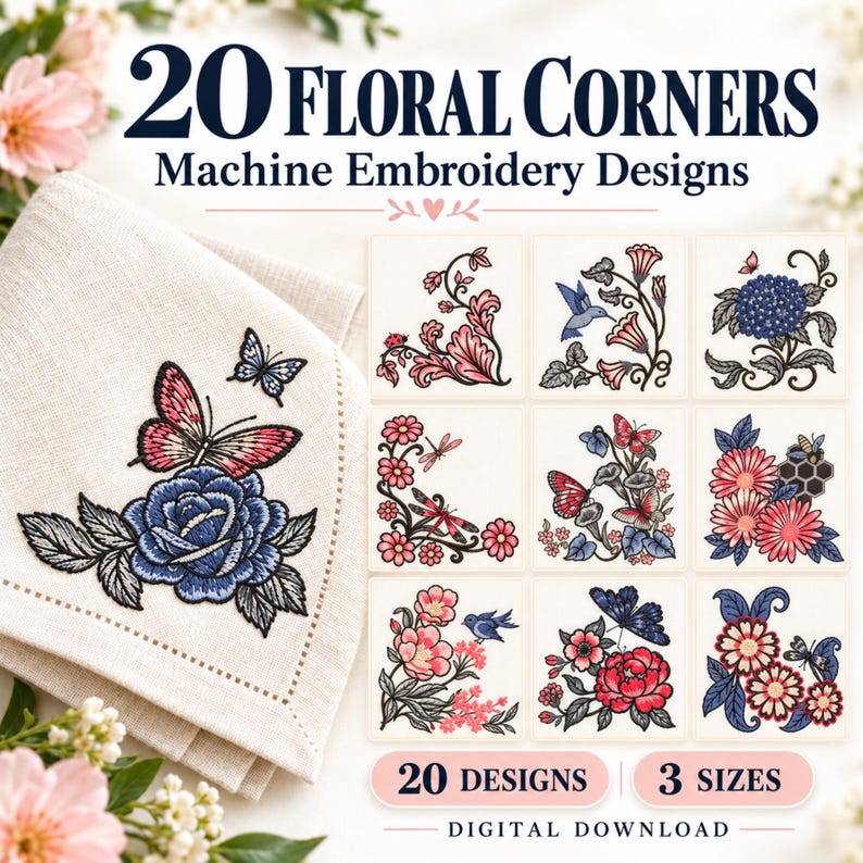 20 Floral Corner PES Embroidery Designs, 3 Sizes for Napkins and Table ...