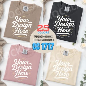 May include: Four crew neck sweatshirts in different colors: tan, black, dusty rose, and cream. Each shirt has the text "Your Design Here" in a stylized font. A circular graphic in the center reads "25 COLORS, TRENDING POD COLORS, FREE SIZE & COLORCHART, CC 1717."