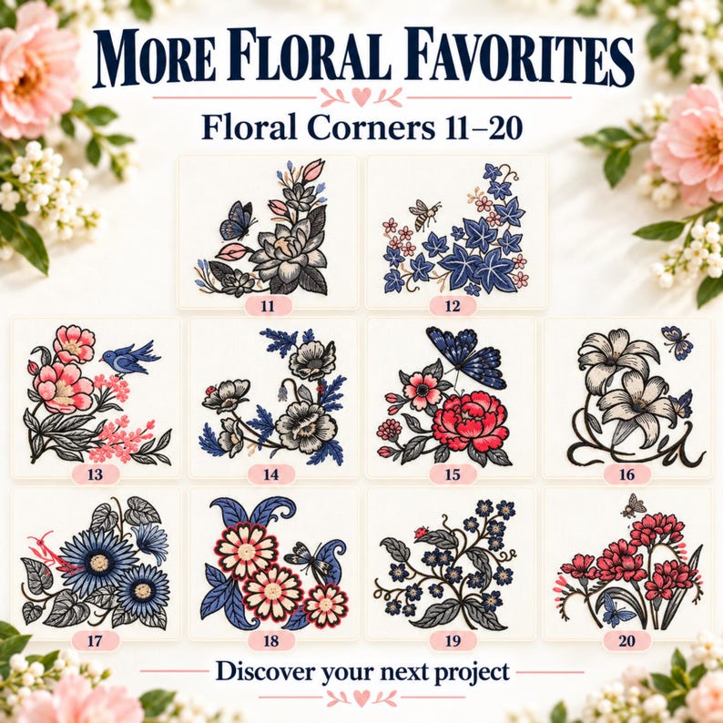 20 Floral Corner PES Embroidery Designs, 3 Sizes for Napkins and Table ...