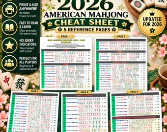 Könnte beinhalten: Ein 2026 American Mahjong Spickzettel mit fünf Referenzseiten, die Handbeispiele, Kachelmarkierungen und Punktwerte enthalten. Das Dokument enthält Text wie 0MockLab0, Mahjong Tools & Resources und Updated for 2026.