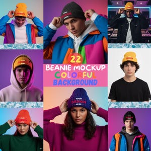 Peut inclure: Plusieurs images présentent des bonnets de différentes couleurs, dont le jaune, le gris, le bleu et l'orange. Chaque bonnet affiche le texte "YOUR DESIGN HERE" ou "DESIGN". L'arrière-plan est un mélange de couleurs vives, avec le texte "22 BEANIE MOCKUP COLORFUL BACKGROUND".