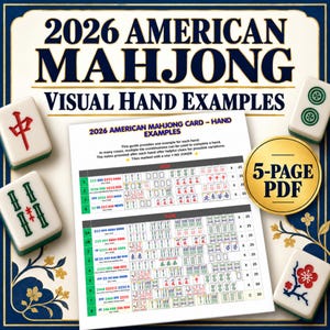 May include: A 5-page PDF guide titled 2026 American Mahjong Visual Hand Examples, featuring a grid of tile combinations, point values, and instructions. The document is surrounded by four white Mahjong tiles with red, green, and blue symbols.