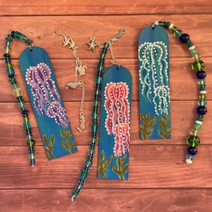Seaside Collection: Jellyfish – Hand-Painted Beaded Bookmarks with Sea Glass and Ocean Charms