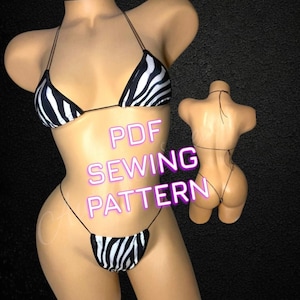 May include: A black and white zebra print bikini set. The triangle top and thong-style bottom are displayed on a mannequin. The text "PDF SEWING PATTERN" is in the centre of the image.