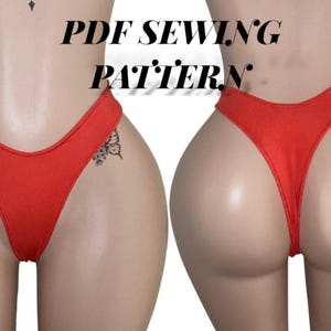 Könnte beinhalten: Roter String-Tanga mit V-förmiger Vorderseite und String-Rückseite. Der Text "PDF SEWING PATTERN" wird über der Unterwäsche angezeigt. Die Unterwäsche wird von vorne und hinten gezeigt.