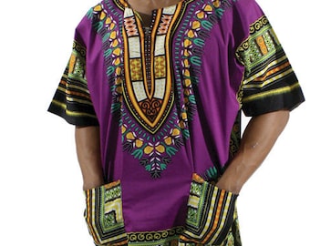 Traditional African Dashiki Print Unisex Top/Shirt/Blouse Purple Colour in various Sizes (Small to 5XL)