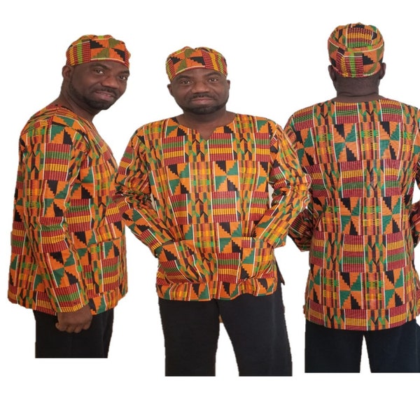 Chemise/chemisier/robe unisexe à manches longues Kente imprimé africain type #2 avec chapeau ou casquette assortis dans les tailles