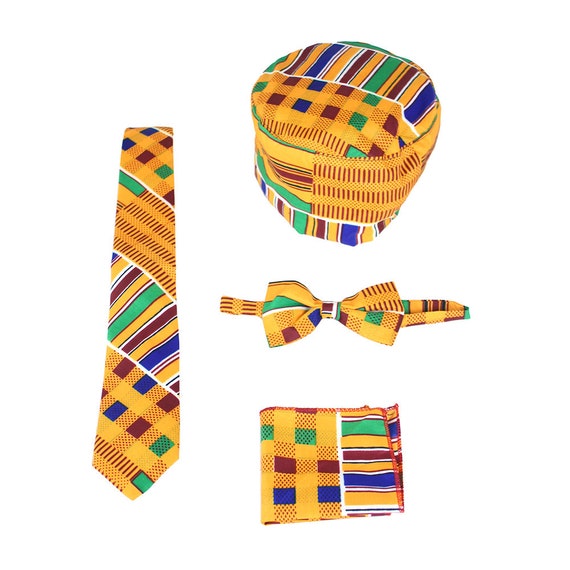 Men's Fashion African Kente Print 4 Piece Kufi Tie Bow Tie Square Accessory Set