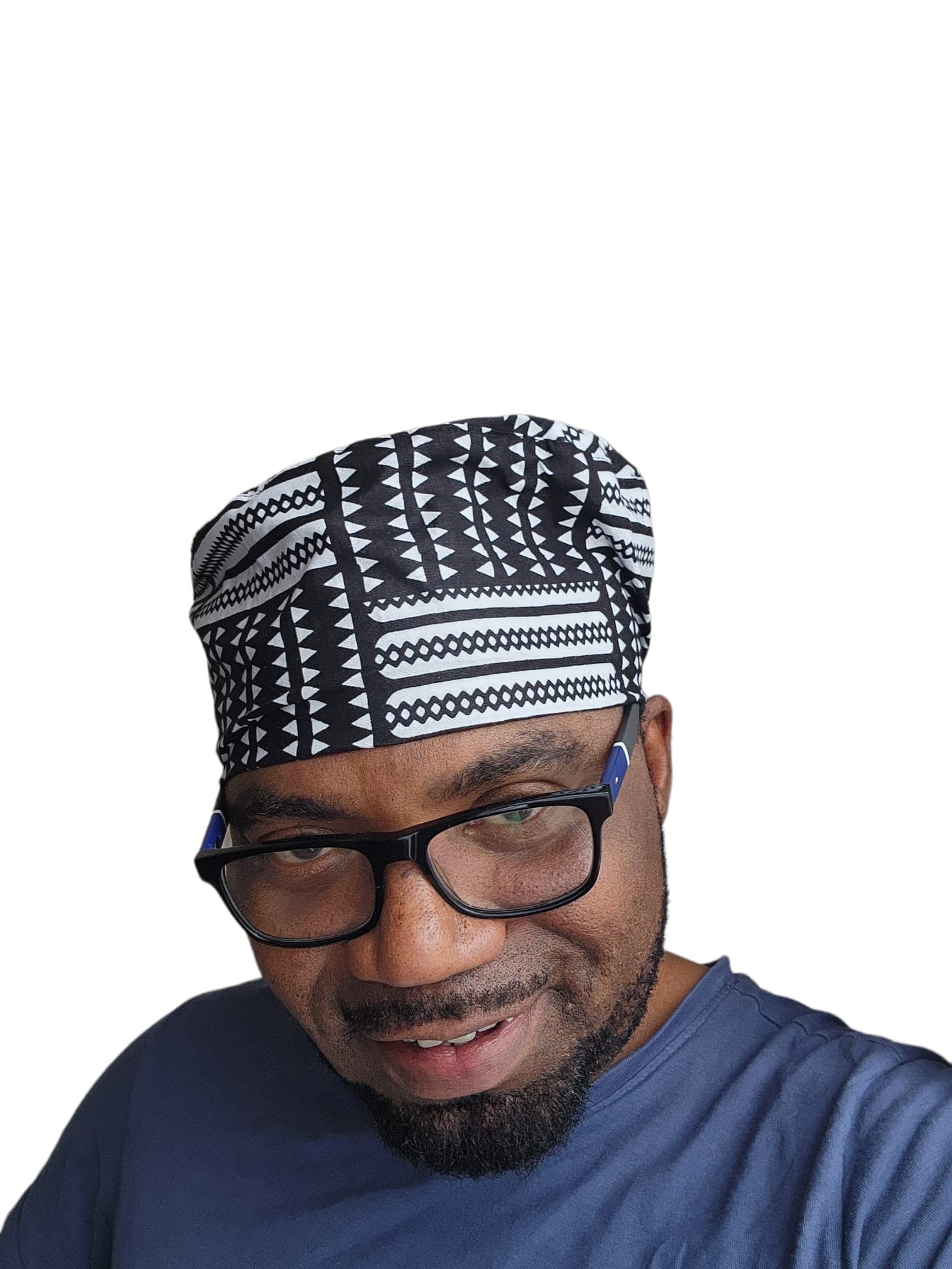 Dupsie's Hand Woven Kente Kufi Hat - White & Black African Hat With Faux Leather, Made In Ghana