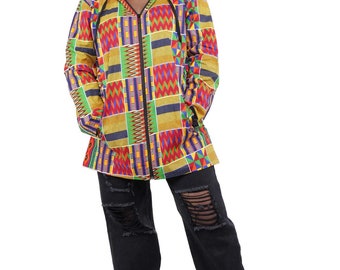 Unisex Kente Long Sleeve Hoodie Shirt/Blouse/Dress in Sizes.