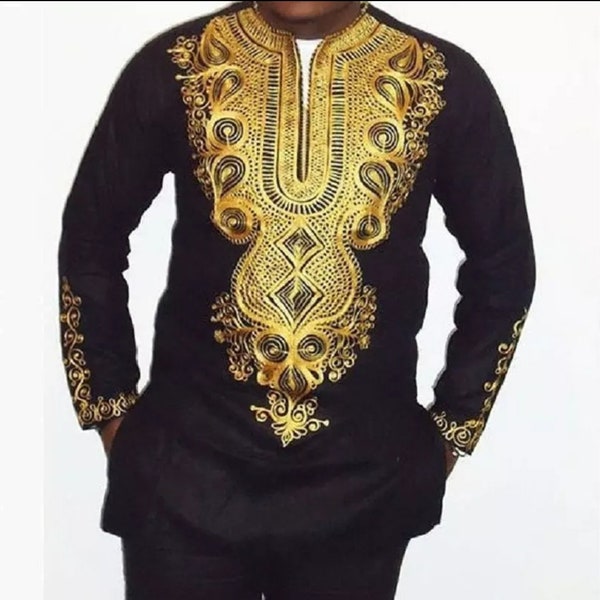 Unisex Traditional Dashiki Gold Printed Long Sleeve Shirt/Blouse Chemise Homme