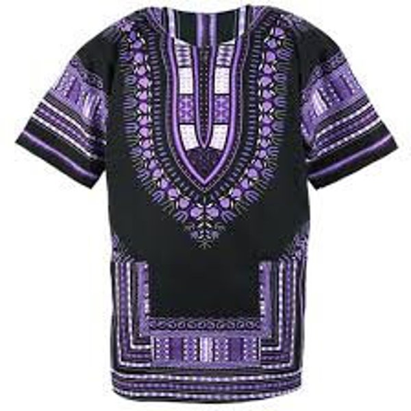 Dashiki traditionnel africain Imprimé Unisexe Top/ Chemise/Chemisier Couleur Noir et Violet