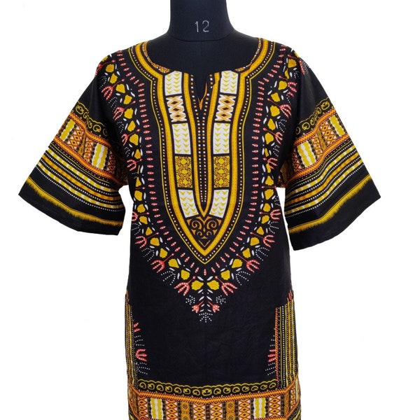 Haut/chemise/chemisier unisexe imprimé Dashiki africain traditionnel couleur noir et or du petit au 4X-Large