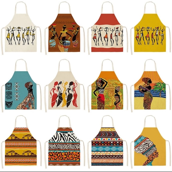 Tabliers d'inspiration africaine pour la cuisine. Tablier en coton et lin, bavoirs pour la cuisine et le nettoyage domestique