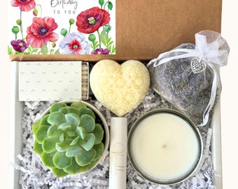 HAPPY BIRTHDAY GIFT Box with Succulent & Candle, Self Care Spa Package, Gift Set for Her, Best Friend, Bath and Body Gift Basket, Poppies