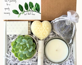 Que te mejores pronto / Caja de regalo de velas con suculentas / Pensando en ti / Paquete de cuidados / Regalo para un amigo / Paquete de cuidados para la recuperación / Kit de regalo postoperatorio