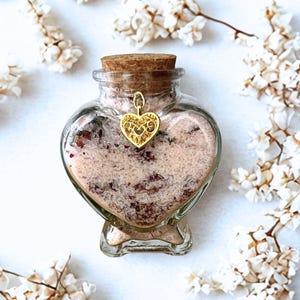 BATH SALTS in Glass Heart Shaped Jar with Heart Charm, Valentines Day, Gift for Wedding Shower, Brides Maid, Mother's Day, Build-A-Box