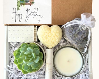 HAPPY BIRTHDAY Gift Box with Succulent & Candle |  Birthday Present for Friend, Sister, Mother | Birthday Spa Package | Quick Ship