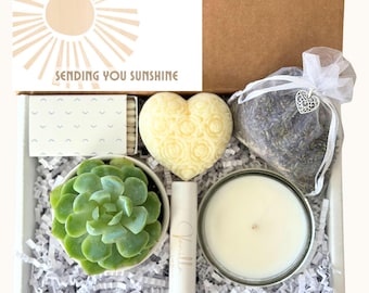 SENDING YOU SUNSHINE Succulent and Candle Gift Box, Cheering Up, Self Care Package, Pamper Spa Set, Love and Hugs, Thinking of You Friend