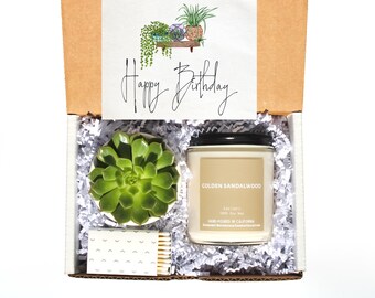 HAPPY BIRTHDAY Gift Box with Succulent & 8 oz Candle | Birthday Gift for Friend, Sister, Coworker, Aunt, Employee | Send a Gift | Quick Ship