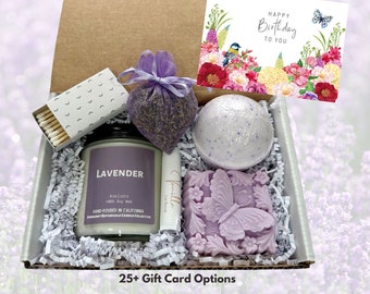 Lavender Candle Gift Box with Butterfly Shaped Soap -Bath Bomb and Heart Sachet -Self Care Package for Birthday or Special Occasion