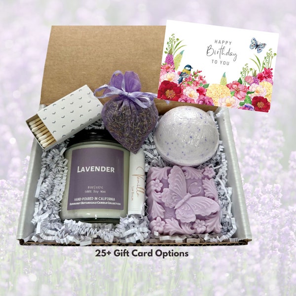 Lavender Candle Gift Box with Butterfly Shaped Soap -Bath Bomb and Heart Sachet -Self Care Package for Birthday or Special Occasion