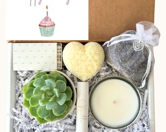 HAPPY BIRTHDAY GIFT Box with Succulent & Candle, Self Care Spa Package, Gift Set for Her, Best Friend, Bath and Body Gift Basket, Cupcake