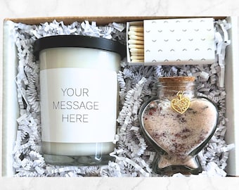CUSTOM MESSAGE CANDLE + Heart Bath Salts Spa Box, Bridal Shower Gift, Bridesmaid Thank You, Pamper Self Care Set, Bath & Body, Wedding Gift