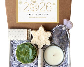 Happy NEW YEAR 2026 Spa Gift Box with Succulent & Candle, Gift for Friend, Last Minute Christmas Gift, Belated Present, Self Care Package