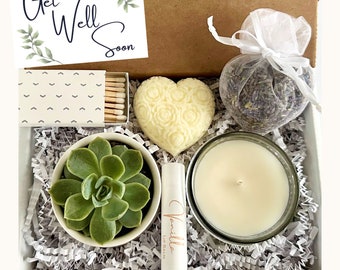 GET WELL SOON Succulent and Candle Gift Box, Care Package for Surgery Recovery, Self-Care and Healing Package for Friend, Pamper Gift Set