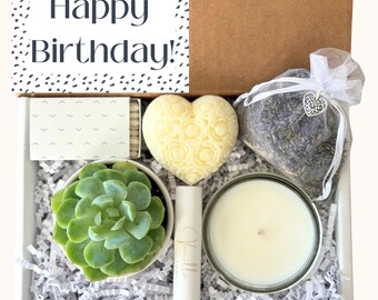 HAPPY BIRTHDAY Spa Gift Box, Candle and Succulent, Self Care Set for Friend, Bath and Body Package, Gift Set for Her, Co-Worker, Sister