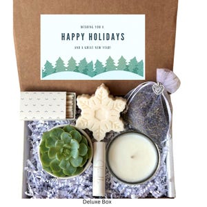 HAPPY HOLIDAYS Succulent and Candle Gift Box, Festive Gift for Family, Friends, Employees, Coworkers, Secret Santa and Corporate Gifting