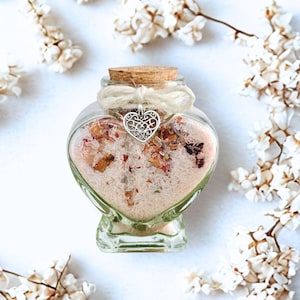 BATH SALTS in Glass Heart Shaped Jar with Heart Charm, Rose & Lavender, Gift for Wedding Shower, Brides Maid, Mother's Day, Build-A-Box