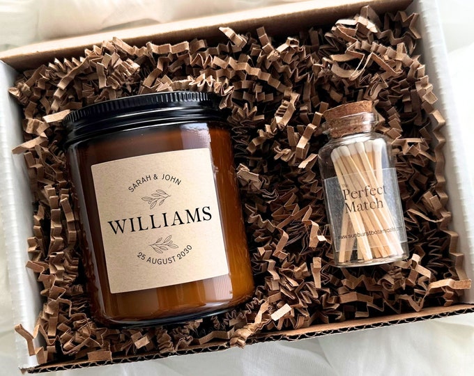 CUSTOM WEDDING CANDLE Gift Set, Name & Date, Wedding Shower Gift Box, Engagement Spa Package, Congratulations Bride and Groom, Anniversary
