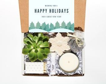 HAPPY HOLIDAYS Succulent and Candle Gift Box, Festive Gift for Family, Friends, Employees, Coworkers, Secret Santa and Corporate Gifting
