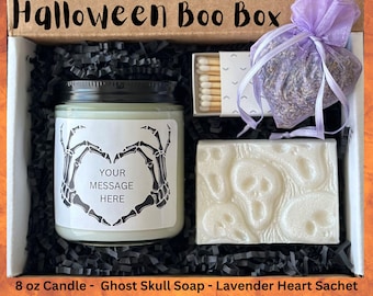 HALLOWEEN CUSTOM MESSAGE Skeleton Heart Spa Gift Boo Box with 8 oz All Natural Soy Wax Candle Ghost Soap perfect for Friends & Adults Spooky