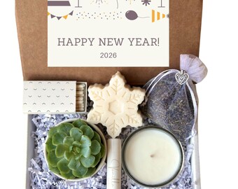 QUICK SHIP Happy New Year 2026 Spa Gift Box with Succulent & Candle, Gift for Friend, Last Minute Christmas Gift, Belated Present, Self Care