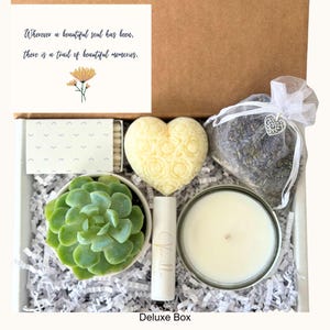 May include: A white gift box filled with a variety of items, including a succulent plant, a heart-shaped soap, a candle, a small bag of lavender, and a lip balm. The box also includes a card with the quote "Wherever a beautiful soul has been, there is a trail of beautiful memories."