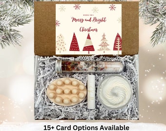 Holiday PAMPER ME Spa Gift Box with Massage Bar Soap, Body Butter, Bath Salts and Lip Balm, 15+ Greeting Card Options, Secret Santa Gift Set