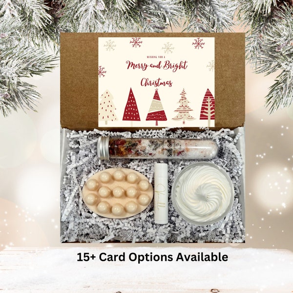 Holiday PAMPER ME Spa Gift Box with Massage Bar Soap, Body Butter, Bath Salts and Lip Balm, 15+ Greeting Card Options, Secret Santa Gift Set