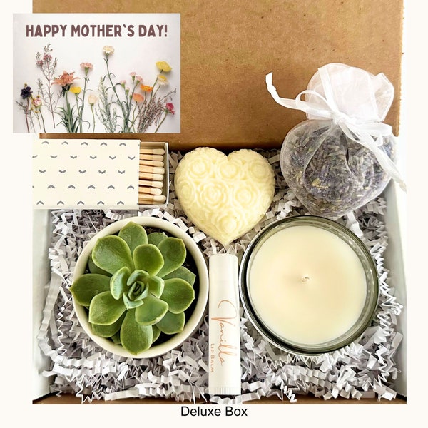 HAPPY MOTHER'S DAY Succulent & Candle Spa Gift Box, Pamper Package for Mom, Grandma, Wife, Mother-In-Law, Daughter, Self Care Bath Body Set