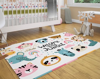 36.2 Inch Large Round Soft Area Rugs Jungle Animals Plants Nursery Playmat Rug Mat for Kids Playing Room Bedroom Living Room Home Decorative Rug