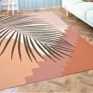 Terracotta Area Rug, Brown Orange Pink Area Rug, Boho Minimalist Rug, Tropical Palm Leaf  Area Rug, Boho Living Room Tropical Area Rug