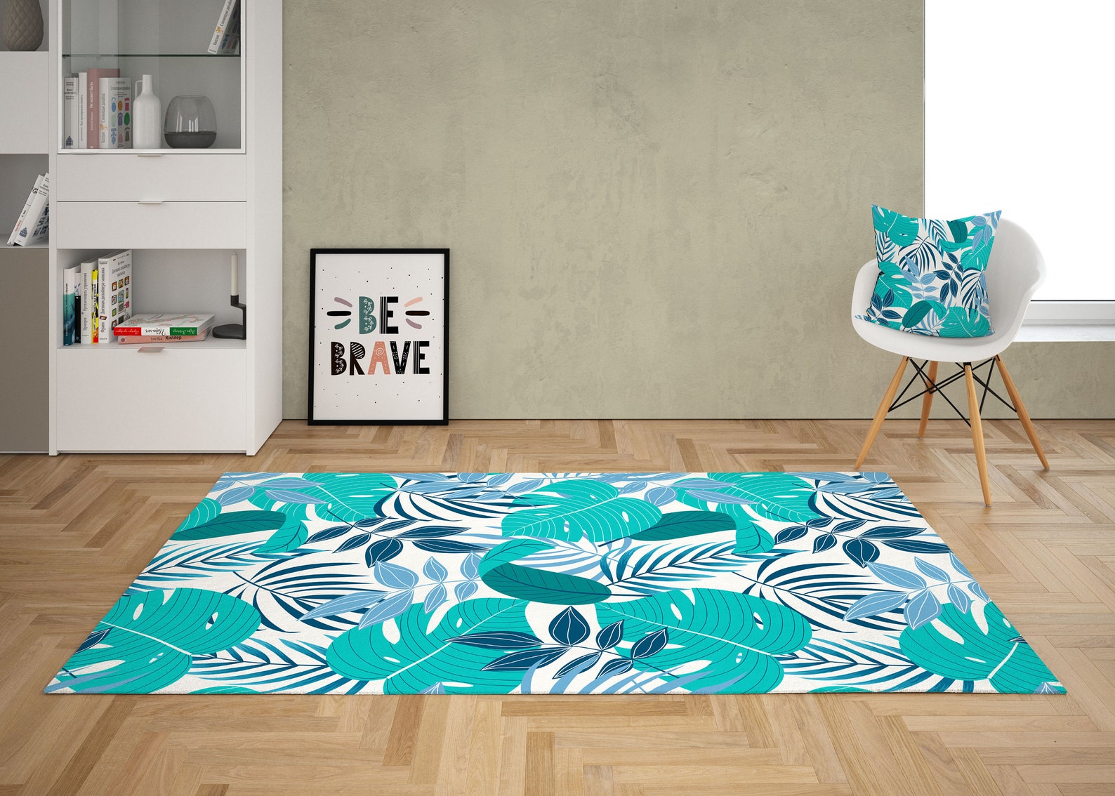 Teal Blue Green Cute Area Rug, Palm Banana Monstera Leaf Area Rug